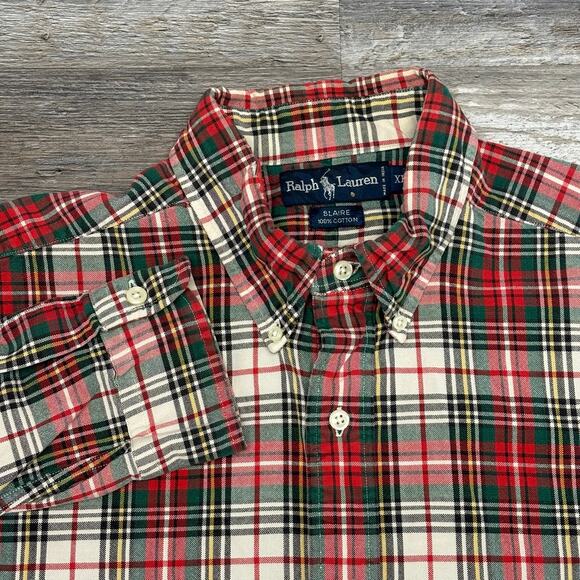 Vintage Y2K Ralph Lauren Blaire Red Green Tartan Plaid Mens XL Button Down Shirt - Picture 1 of 7